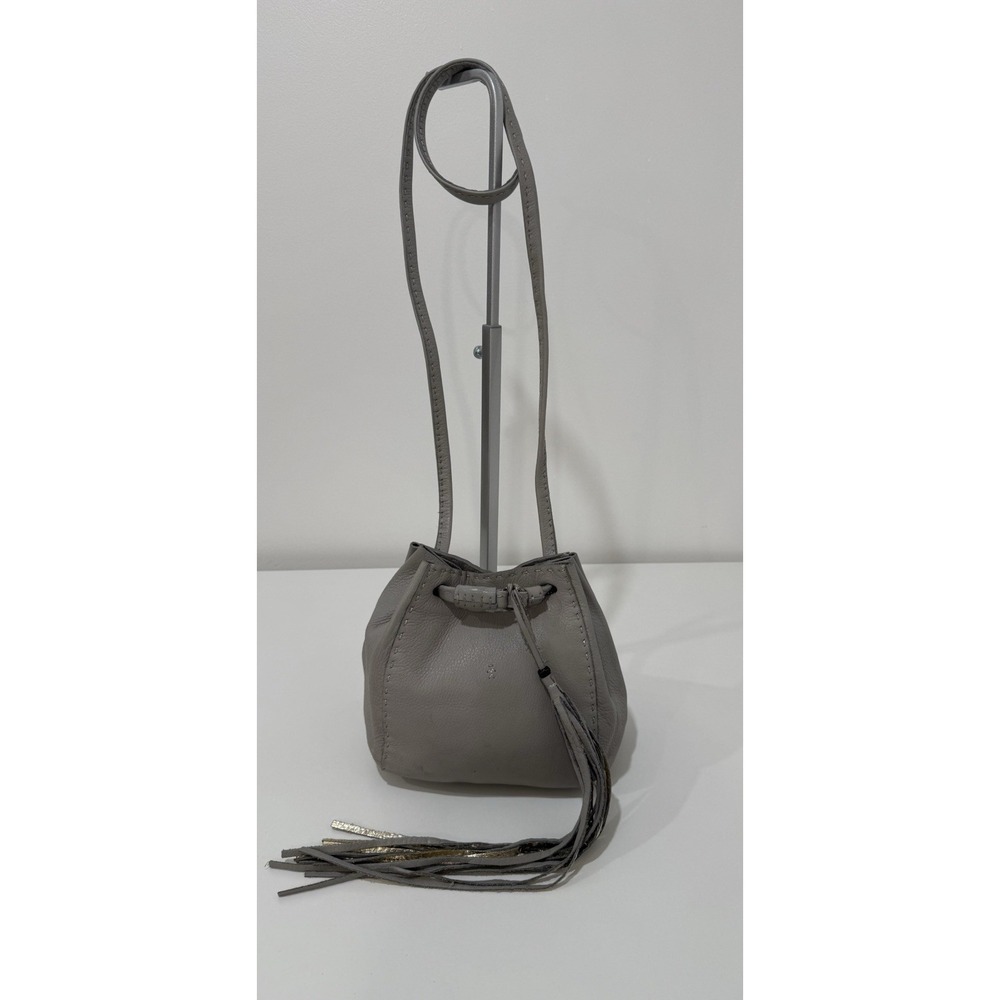 Henry Beguelin Shoulder Bag Drawstring Bucket Grey Leather Tassel Italy